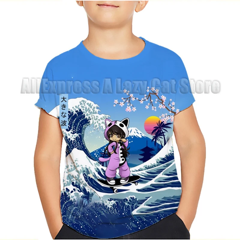 Aphmau meows เสื้อยืดแมวลายการ์ตูนสำหรับเด็ก, เสื้อยืดเสื้อผ้าเด็กเล็กแขนสั้นเด็กหญิงเด็กชายฤดูร้อน