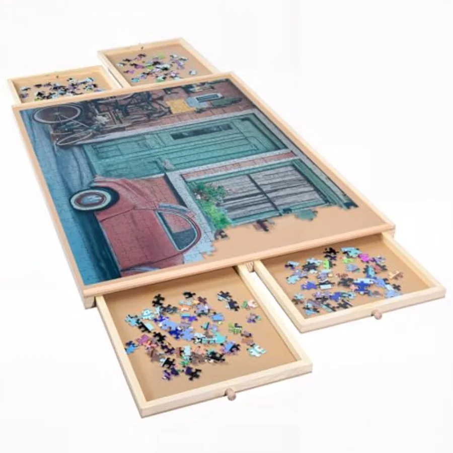 

Wooden Puzzle Board with 4 Sliding Drawers - Jigsaw Puzzle Organizer for 300 and 500 Pieces - Portable Smooth Surface Puzzle Ta