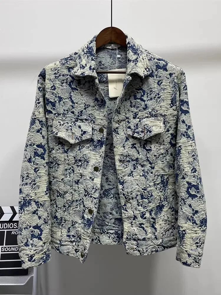 Spring Autumn Winter Floral Embroidered Hole Washed Denim Jacket Loose Tassel Dark Patterned Coat for Men And Women Couples