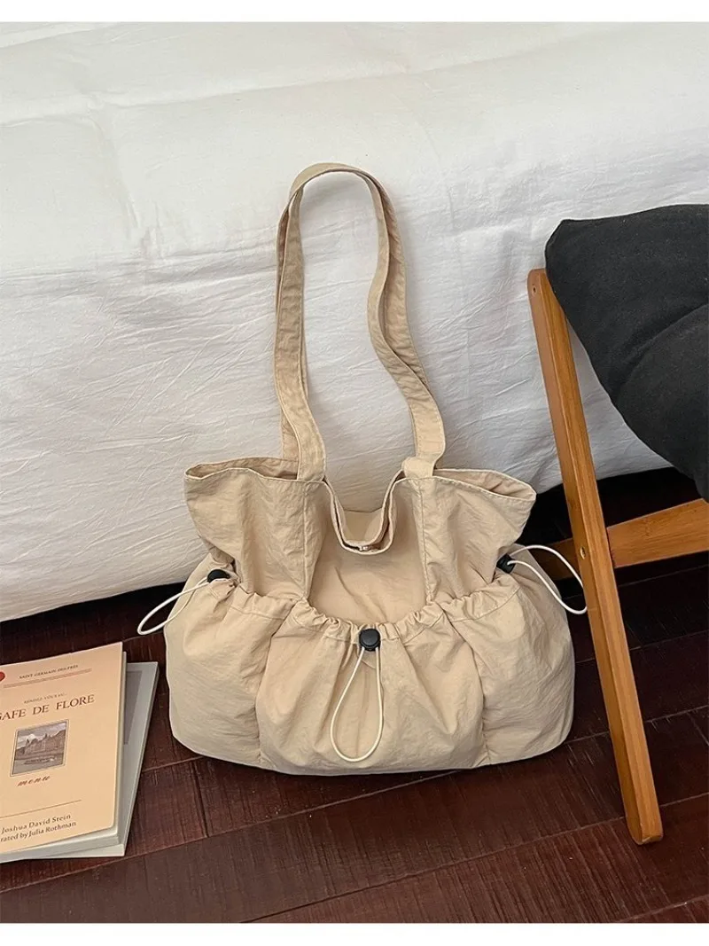 CEEKAY Solid Wrinkle Tragetasche mit Kordelzug, seitlicher elastischer Verschluss, breiter Stoffriemen, für Damen, Alltag, Schule, große lässige Schultertasche – Detail 30