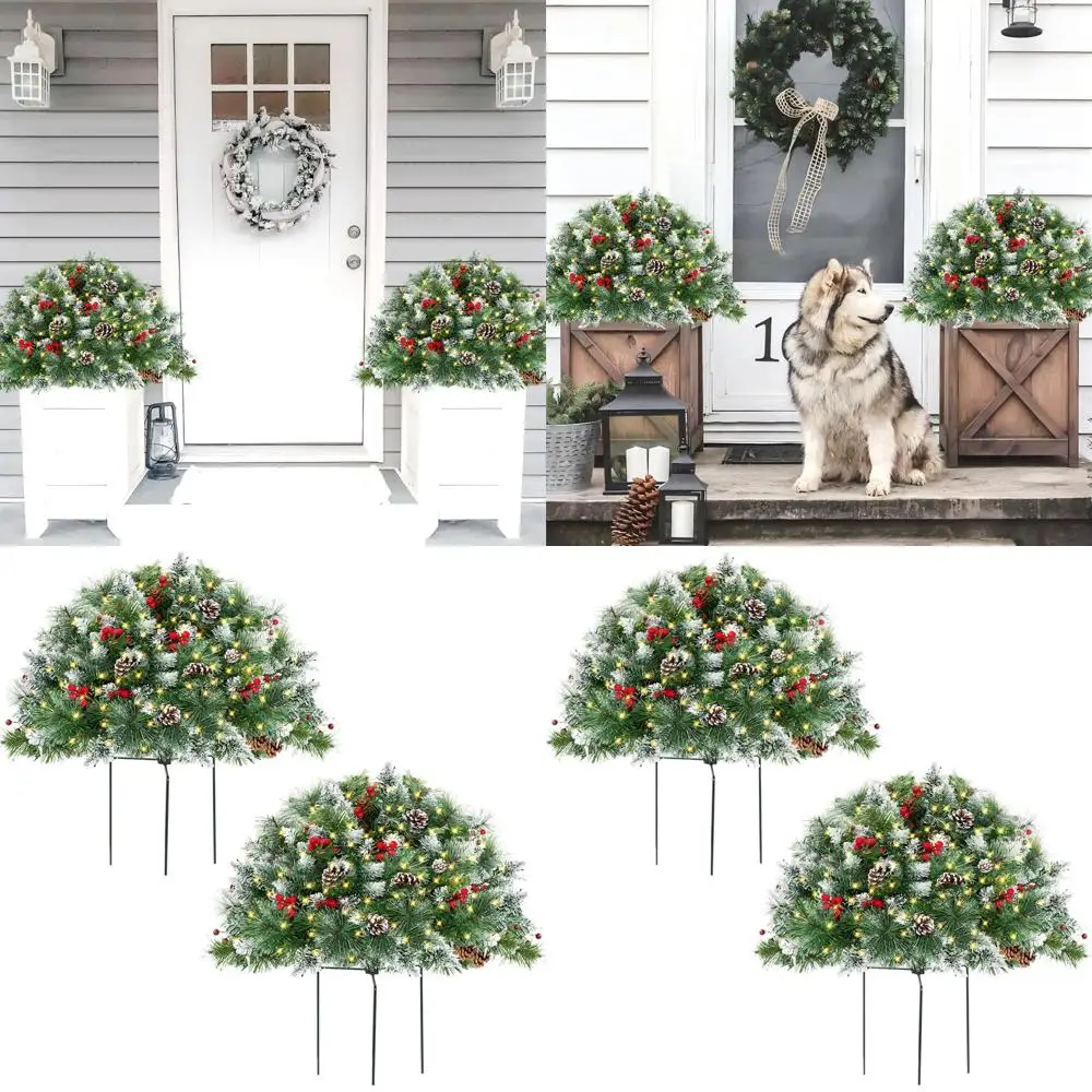 

2-Piece Outdoor Christmas Tree Urn Filler Set, Pre-lit Flocked Xmas Tree with 70 Lights, Cones & Red Berries