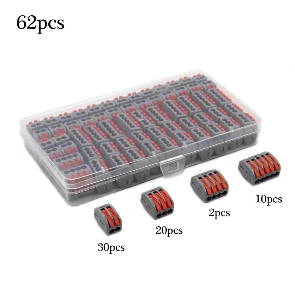 62 PCS Assorted Lever Wire Connectors Kit (2/3/5 Port) Compact Fast Splicing Wire Terminal Block for Electrical Cable Connectio