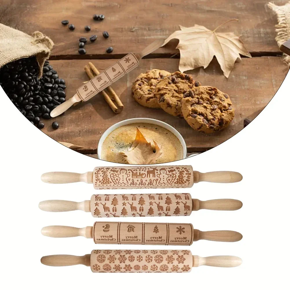 Wood Christmas Printing Rolling Pin Wooden Carvings Embossing Elk Snowflake Christmas Tree Snowman Rolling Pin Cookies Crafts