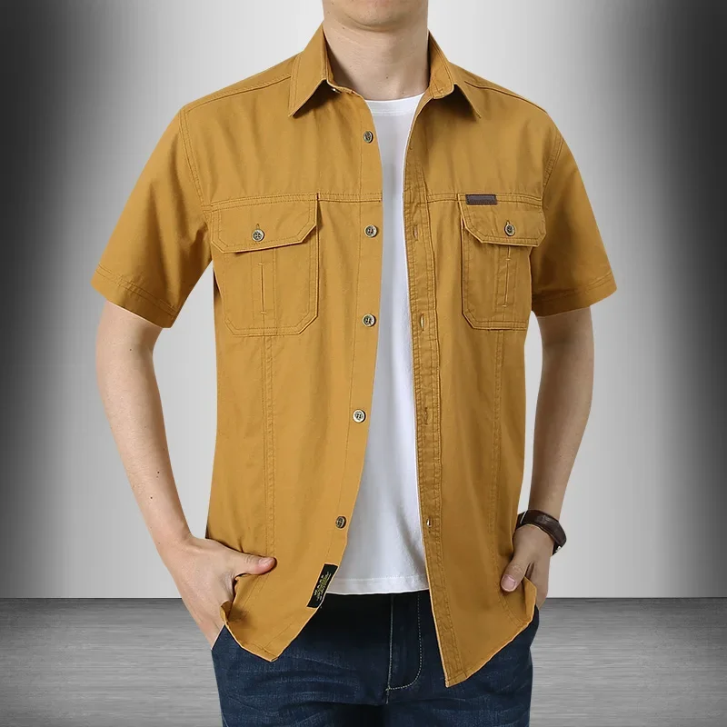 2023 Men Cargo Shirt Casual 100% Cotton Solid Short Sleeve Multi Pocket Work Blouses Loose Plus Size 5XL Business Men Clothing