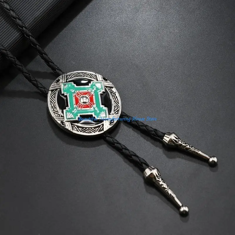 E56A Men Rodeos Bolo Tie with Enamel Metal Badge Pendant Braided Leather Cord Necktie