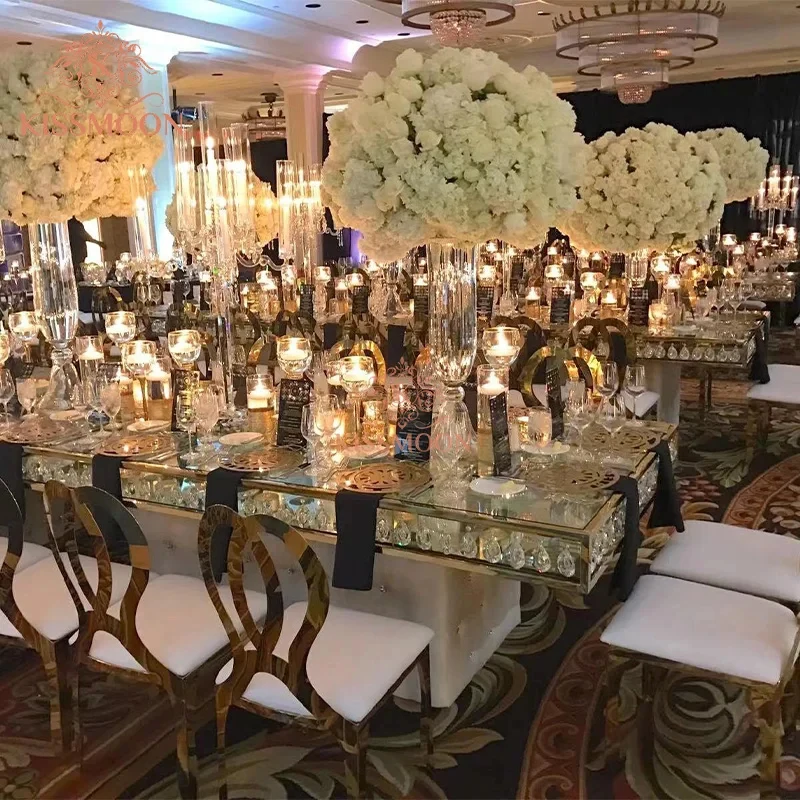 custom.Rectangle Royal Event Table Modern Luxury Stainless Steel Tempered Glass Top Wedding Tables