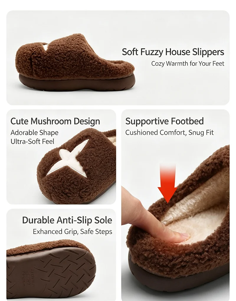 Unisex Warme Plüsch-Hausschuhe mit Sternenmuster, Rutschfeste Flauschige Fleece-Gefütterte Indoor-Hausschuhe für Damen, Pilz-Hausschuhe – Detail 4