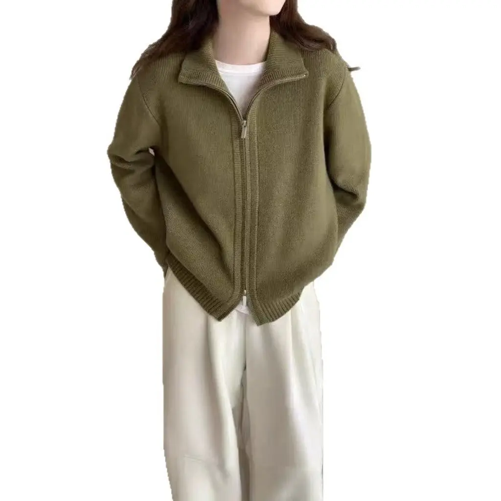 

Women's Korean Style Double Zipper Stand Collar Knitted Cardigan Loose Sweater Jacket Simple Autumn Winter Fashion