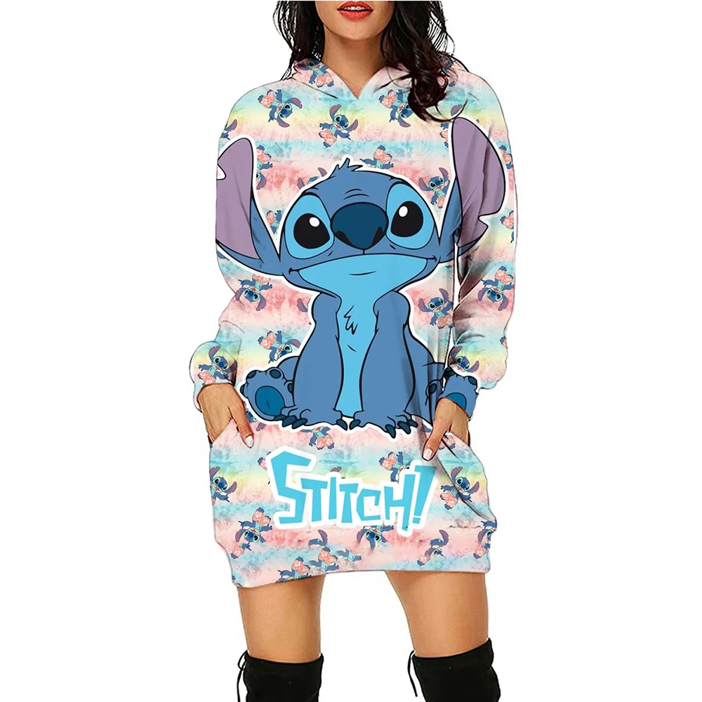 Kawaii Disney Stitch Women\'s Hoodies Dress Ladies Fashion Leisure S-3XL Youthful Woman Clothes Lovely Black Hoodie Winter Y2k