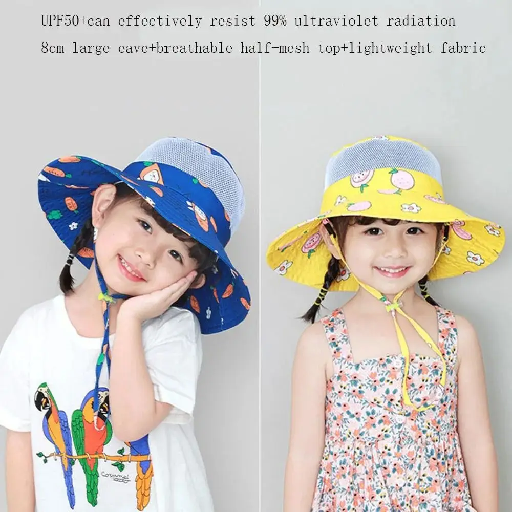 

New Cartoon Print Baby Sunshade Hat Mesh Wide Brim Summer Sun Hat Breathable Kids Fisherman Hat