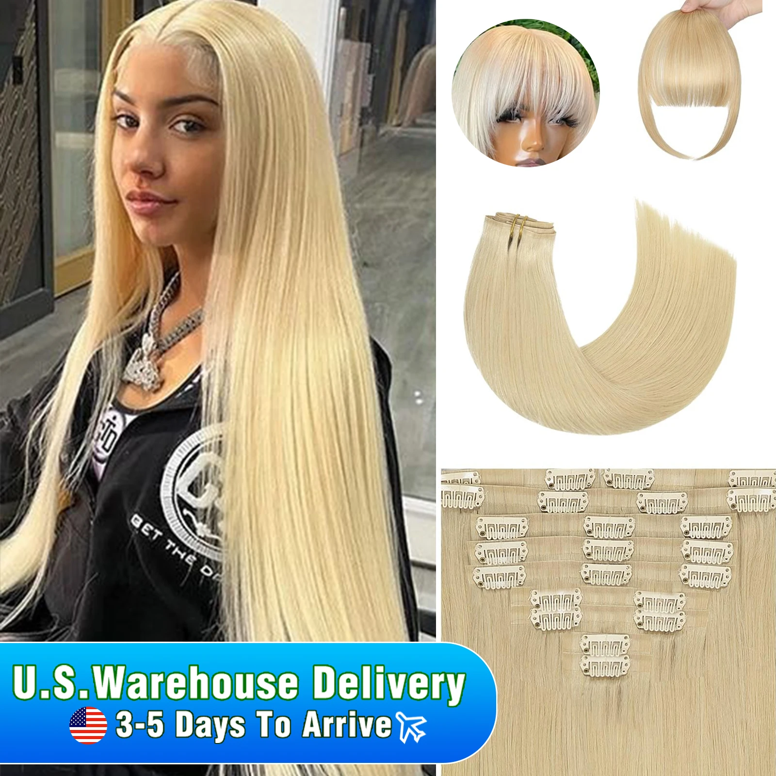 613 Blonde Straight Clip in Hair Extensions Human Hair Soft And Silky Extensions Clip In With Bangs 14-24Inch 7/10 Pcs Remy Hair