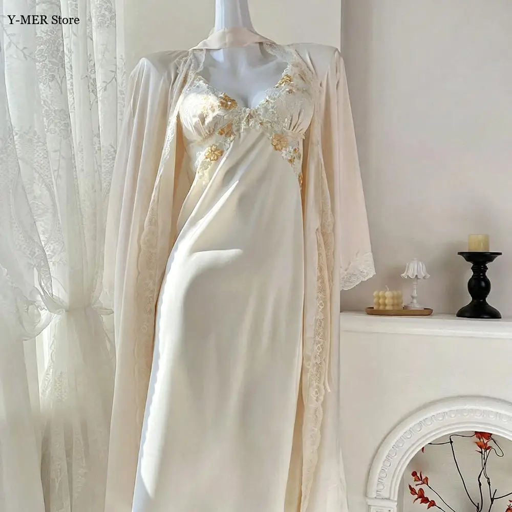 

Luxury Embroider Flower Lace Chemise Sleepwear Nightdress for Lady Summer New Home Dress 2Pcs Robe Kimono Gown Loungewear