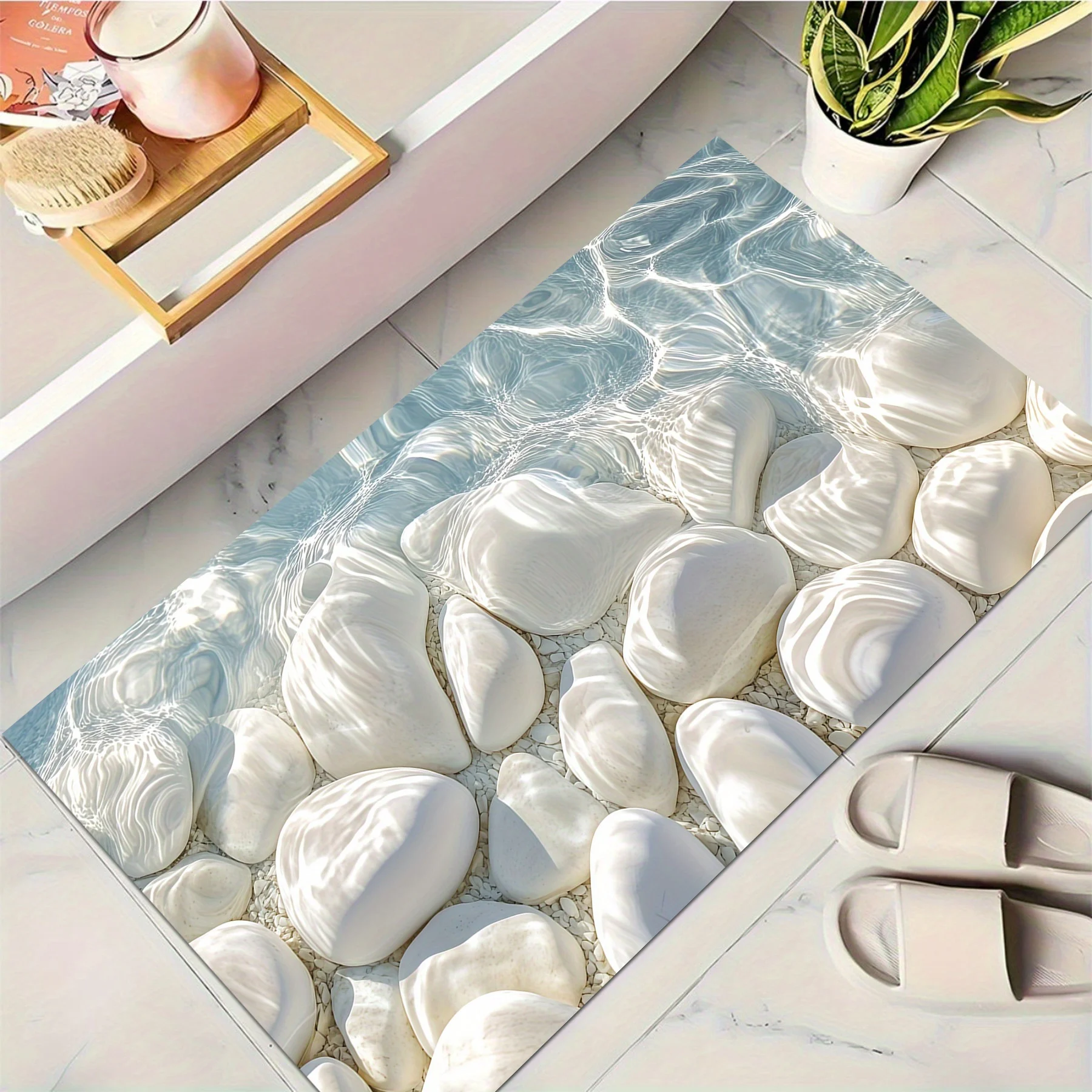 VIKAMA Transparent Water Pebble Bath Mat 3D White Stone Water‑ripple Print Non‑slip Washable Bathroom Floor Doormat Rug
