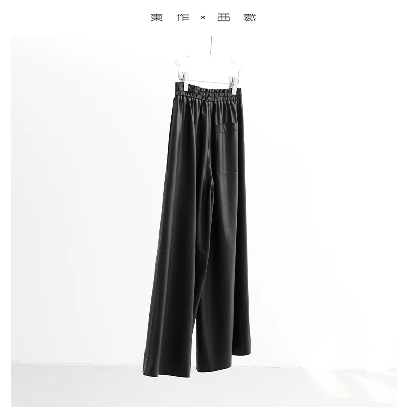 Moeiteloos cool meisje ~ mysterieuze zwarte elastische taille losse pu lederen broek, klassieke veelzijdige broek met rechte pijpen, luie stijl casual broek, nieuw voor herfst en winter 2025