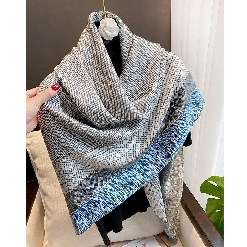 Autumn Winter Korean Fashion Long Scarf Design Women Big Size 130cm Square Cotton Feeling Small Plaid Printed Travel Shawl Scarf