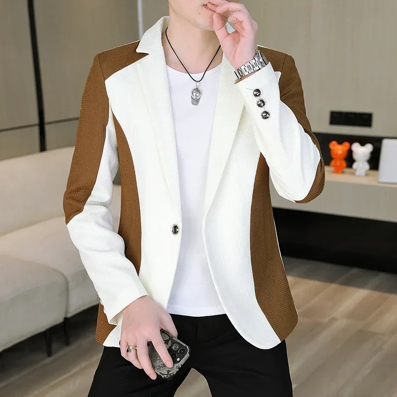 

Korean Fashion Patchwork Suit Jacket for Men Slim Fit Casual Men Blazers Business Social Blazer Masculino Streetwear 2024 Spring