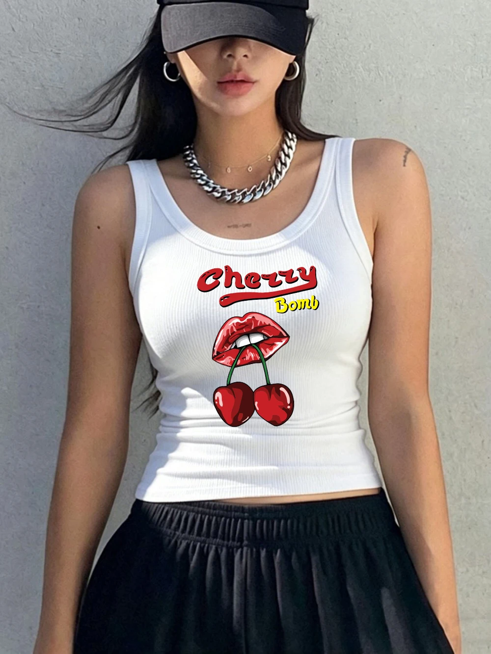 Red Lips And Red Cherriesprints Sleeveless Sporty Women Cotton Singlet Soft Slim Ribbed Knit Vest Summer Y2K O-Neck Tank Tops