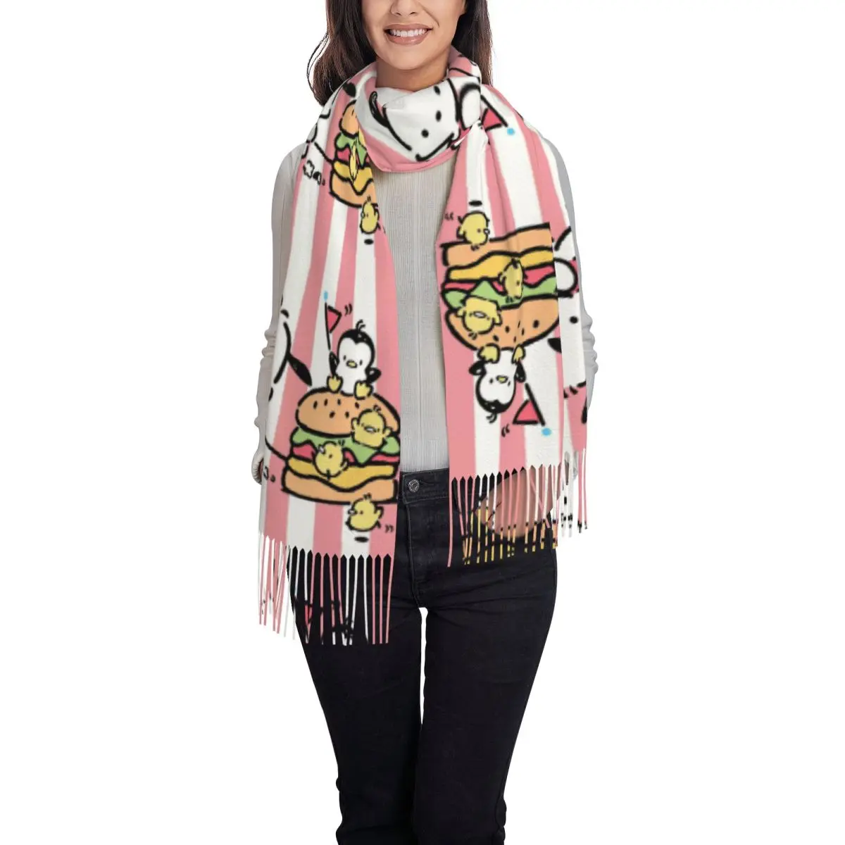 Custom Pochacco Hamburger Sjaal Wrap Vrouwen Lange Winter Warm Kwast Sjaal Unisex Sjaals