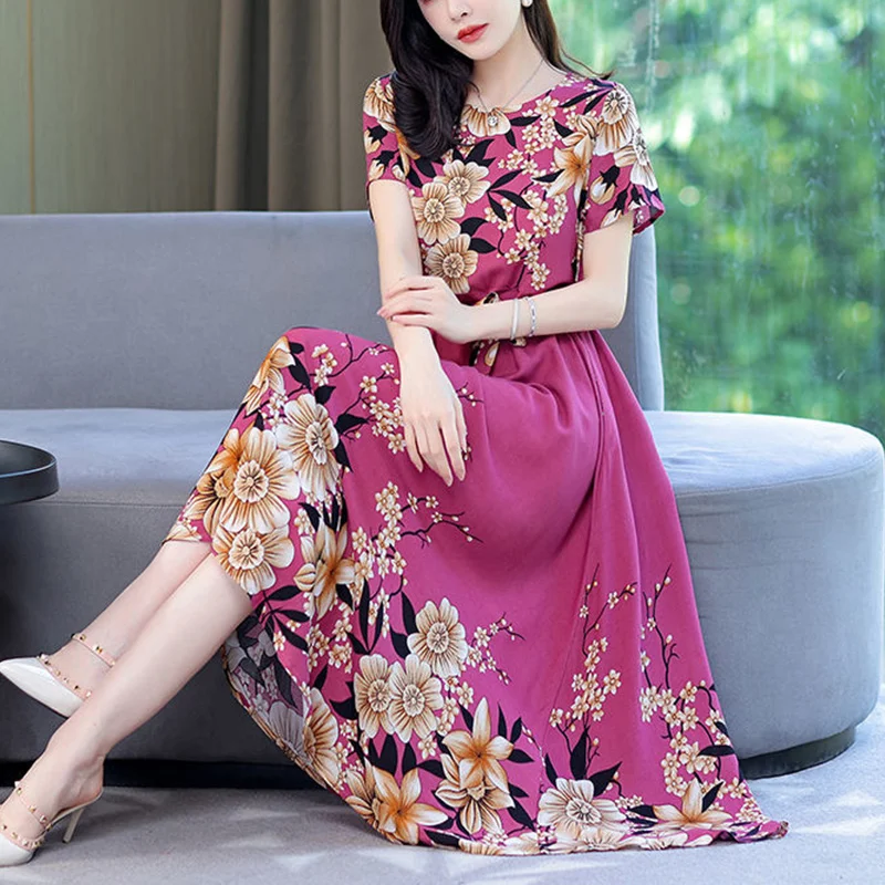 2023 Summer Bohemian Beach Holiday Casual Dress Ladies Short Sleeve Waist Lace Up Long Robe Dresses Women Floral Print Vestidos