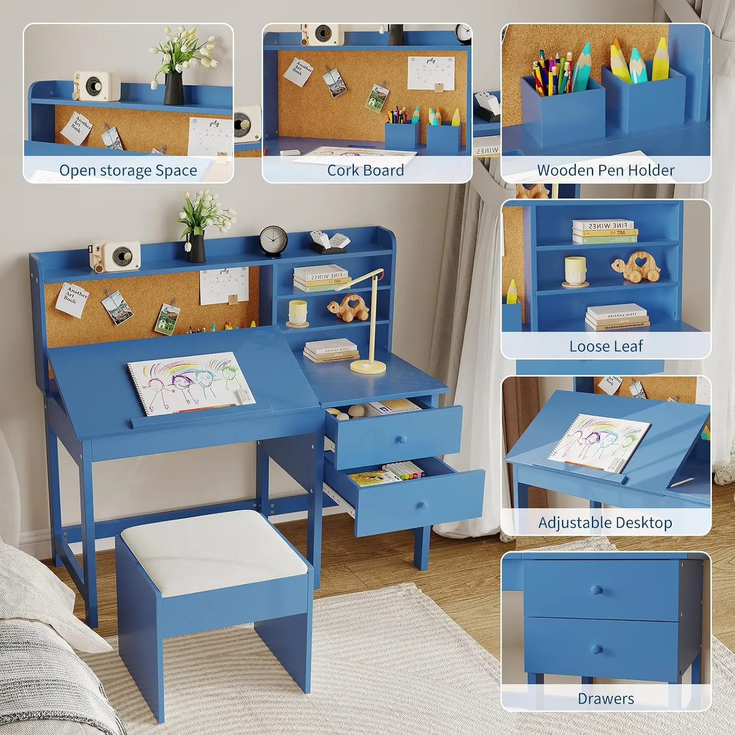 Adjustable Kids Desk and Chair Set with Tilt Desktop, Hutch, Drawers & Cork Board, Ergonomic Wooden Study Table for Boys and Girls Ages 3-8 Years - view 4