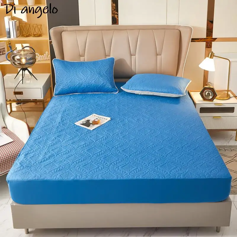 1PC Solid Color Quality Thickened Quilted Fitted Sheet Bed Sheet With Elastic Band Mattress Cover Bed Sheet Pillowcase Queen #/