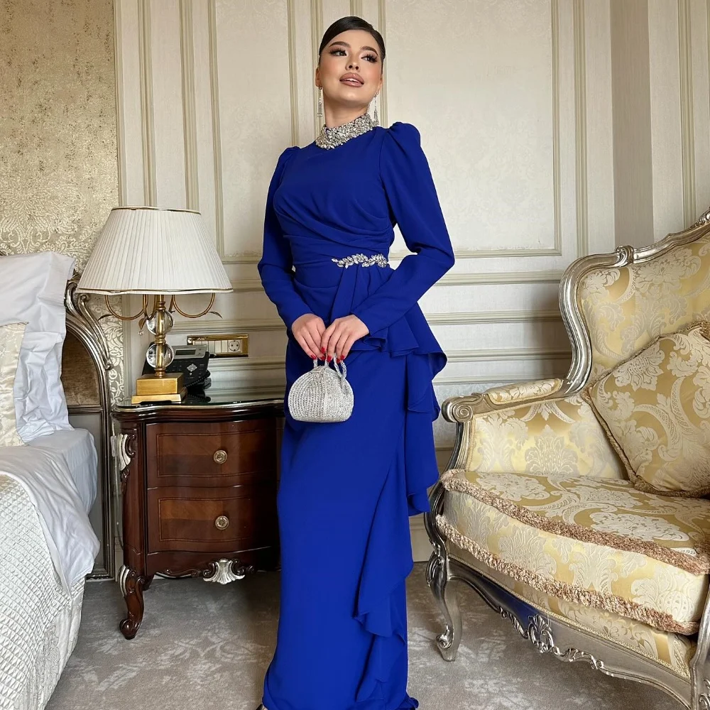 Customized Matching Modern Style Jersey Rhinestone Pleat Draped Straight High Collar Long Dresses Bespoke Occasion Dresses Sexy