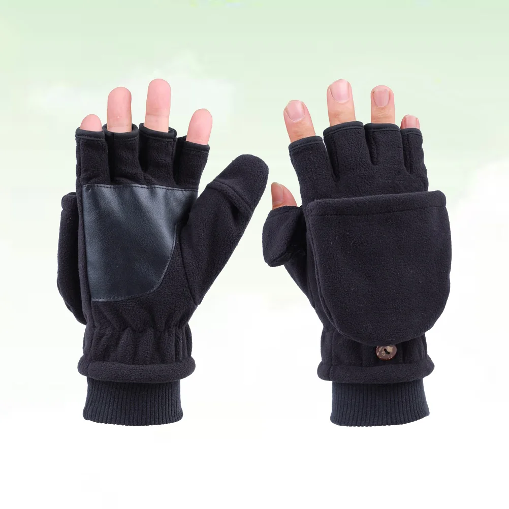 Adult Cover Half-finger Gloves Stick Tape Thicken Warm Gloves Windproof Outdoor Mitt with Button - Men (Black)