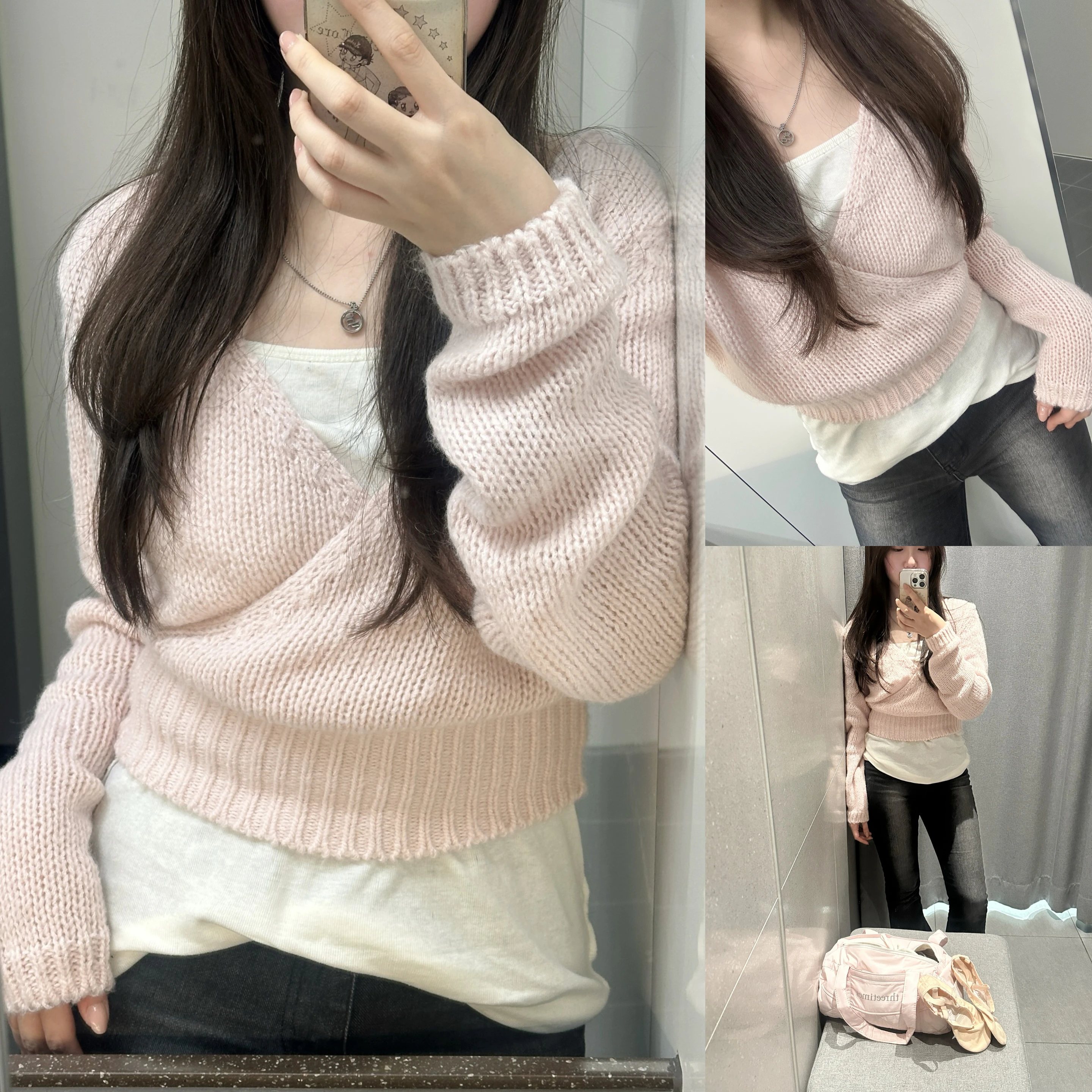 

Однотонный вязаный пуловер с V-образным вырезом, укороченный фасон, дизайн от блогеров, уникальный дизайн ThreeTis, женская мода, осень-зима, топ с длинным рукавом