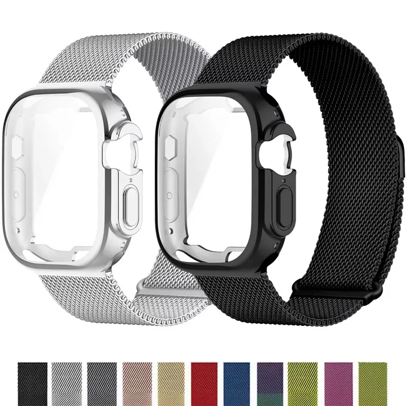 غطاء من البولي يوريثان + حزام ميلانيزي لساعة أبل 40 مللي متر 44 مللي متر 41 مللي متر 45 مللي متر 38 42 مللي متر حافظة iWatch 9 8 7 6 5 4 3 SE سوار Ultra 2 1 49 مللي متر
