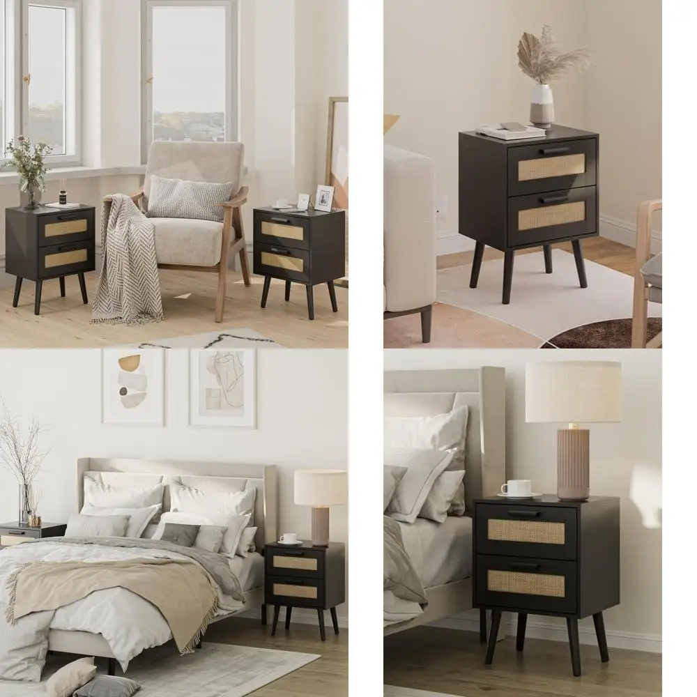 

Contemporary 2-Drawer Boho Nightstand, Compact Side Table for Bedroom, Living Room, Office, Black
