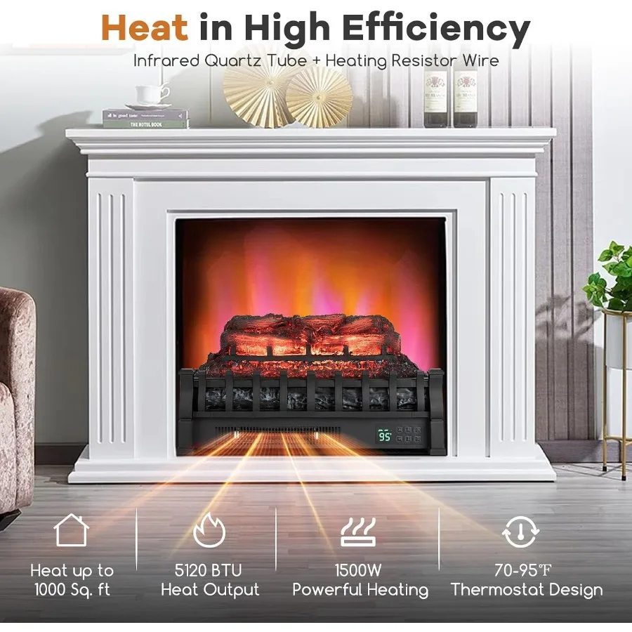 Riscaldatore per camino elettrico da 23 pollici con quarzo a infrarossi con protezione da surriscaldamento del termostato regolabile con luminosità della fiamma a 5 livelli