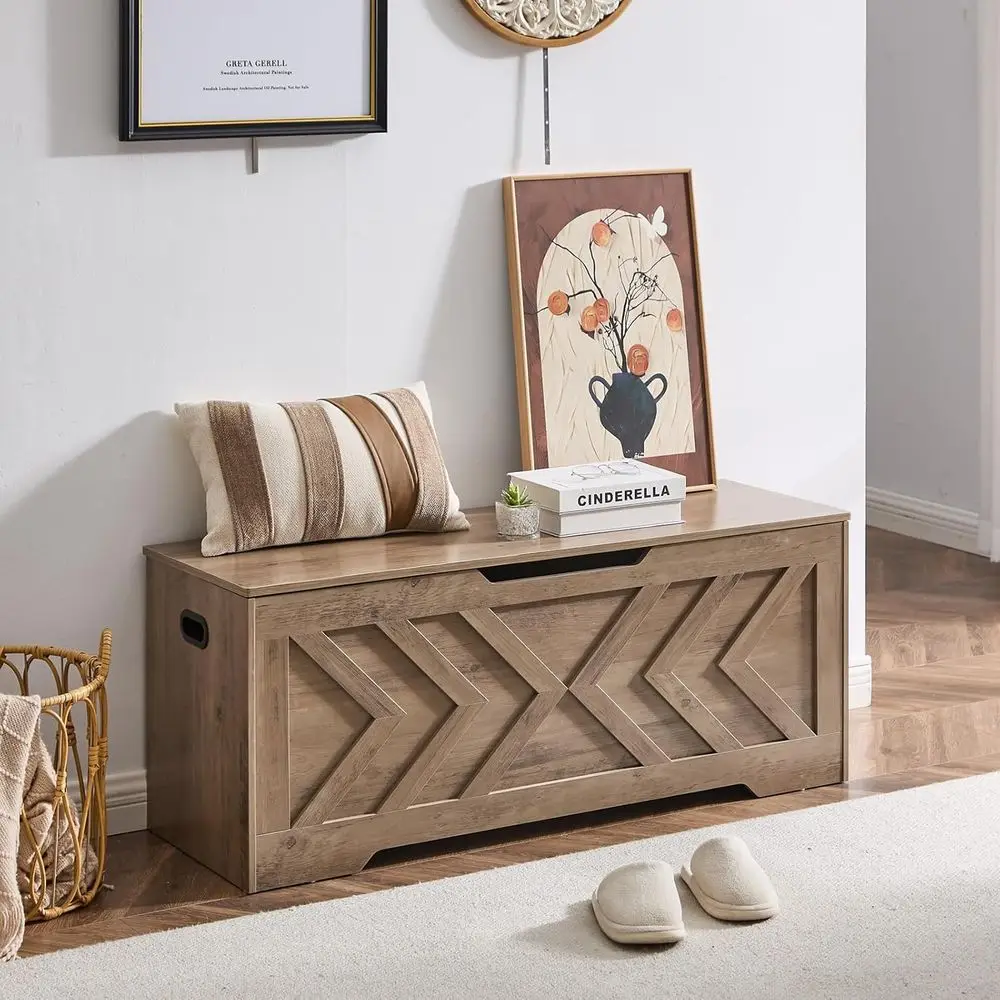 ตู้เก็บของไม้ขนาดใหญ่พิเศษ พร้อมบานพับนิรภัย 2 บาน ใช้เป็นม้านั่งวางของที่ทางเข้าบ้านสำหรับเก็บผ้าห่มและรองเท้า เหมาะสำหรับห้องนอนและห้องนั่งเล่น