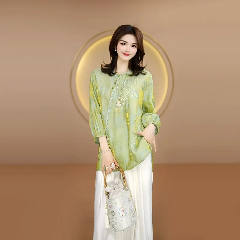 

New Chinese-style Jacquard Top for Women's Wear Three-quarter Sleeve Summer Thin Loose and Elegant Shirt for Casual Fashionable