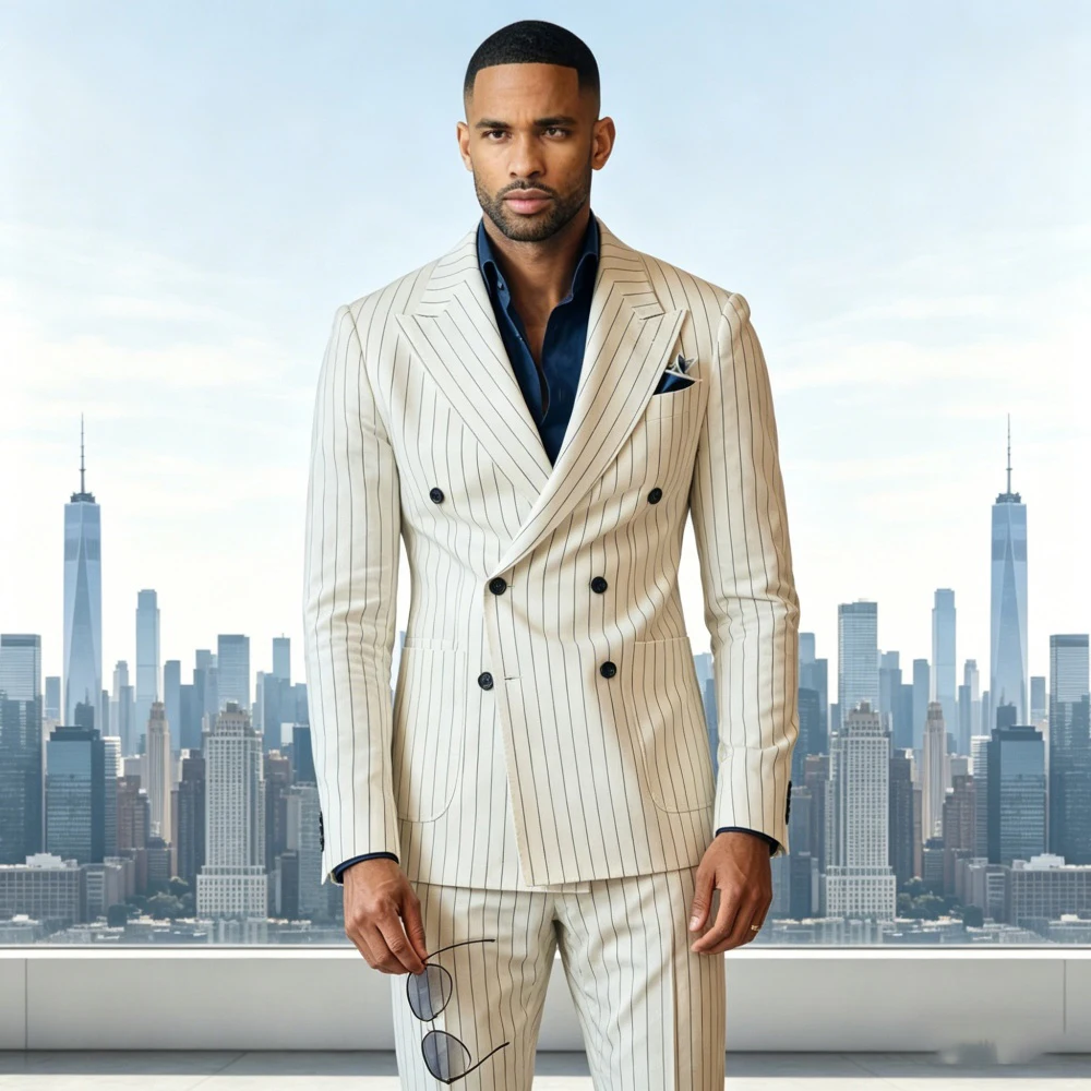 

White Vertical Stripe Men Suits for Guest Double Breasted Wedding Prom Suits Slim Fit 2 Pieces Formal Blazer Pants Set Banquet