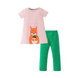 Jumping Meters 2-7T Striped Summer Girls set di abbigliamento animali ricamo abbigliamento per bambini manica corta abiti per bambini 2 pezzi set