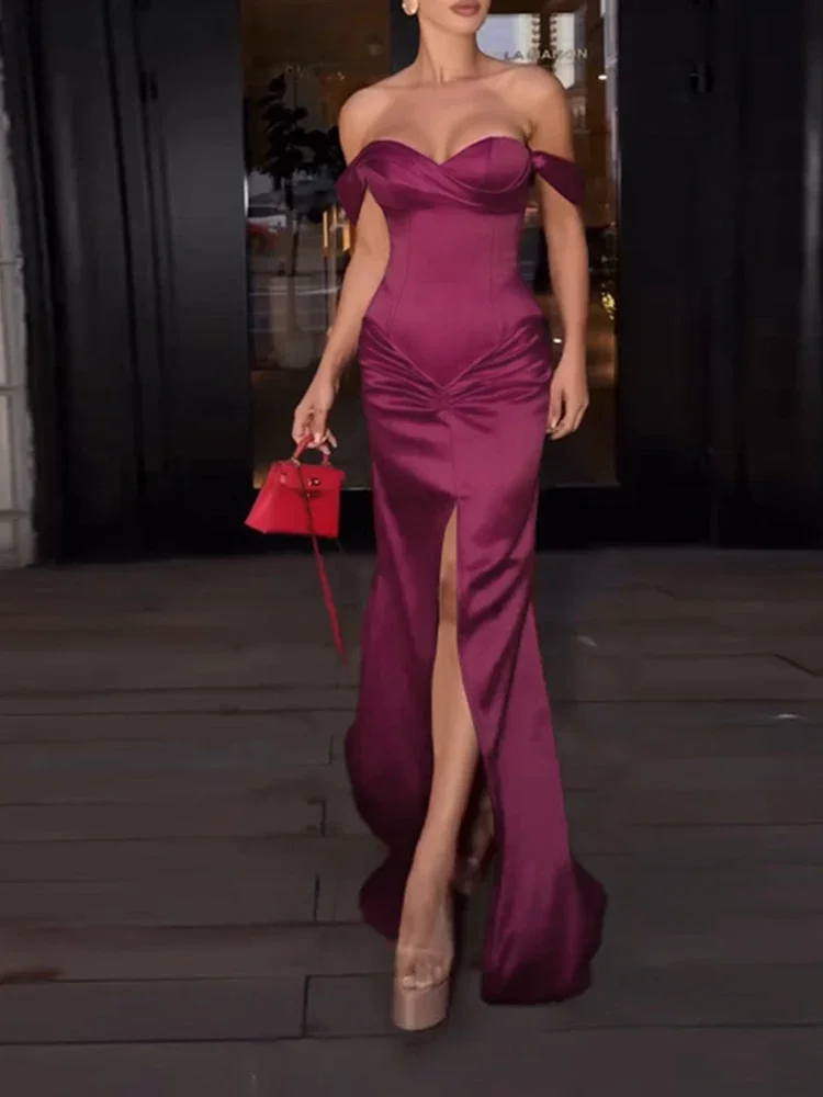 Abiti da banchetto sexy con una spalla Abito da donna elegante abito lungo in raso a vita alta Abito da sera solido drappeggiato con spacco