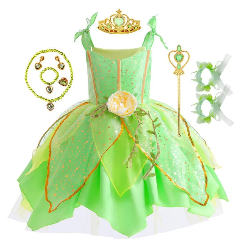 Disney Tinker Bell Princess Halloween Cosplay Girls Party Green Flower Fairy TinkerBell Dress Elf Costume Glitter Butterfly Wing