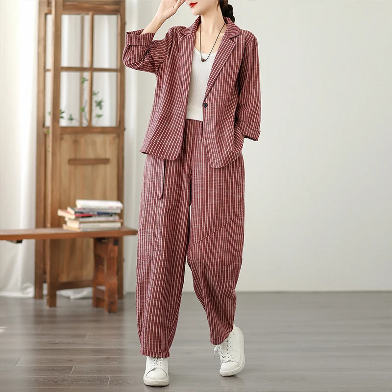 Faionable gestreiftes Baumwoll-Leinen-Set, Vintage, vielseitig, lang, S Sve, lockeres zweiteiliges Set, Harlan-Hosen-Set für Damen in Übergröße