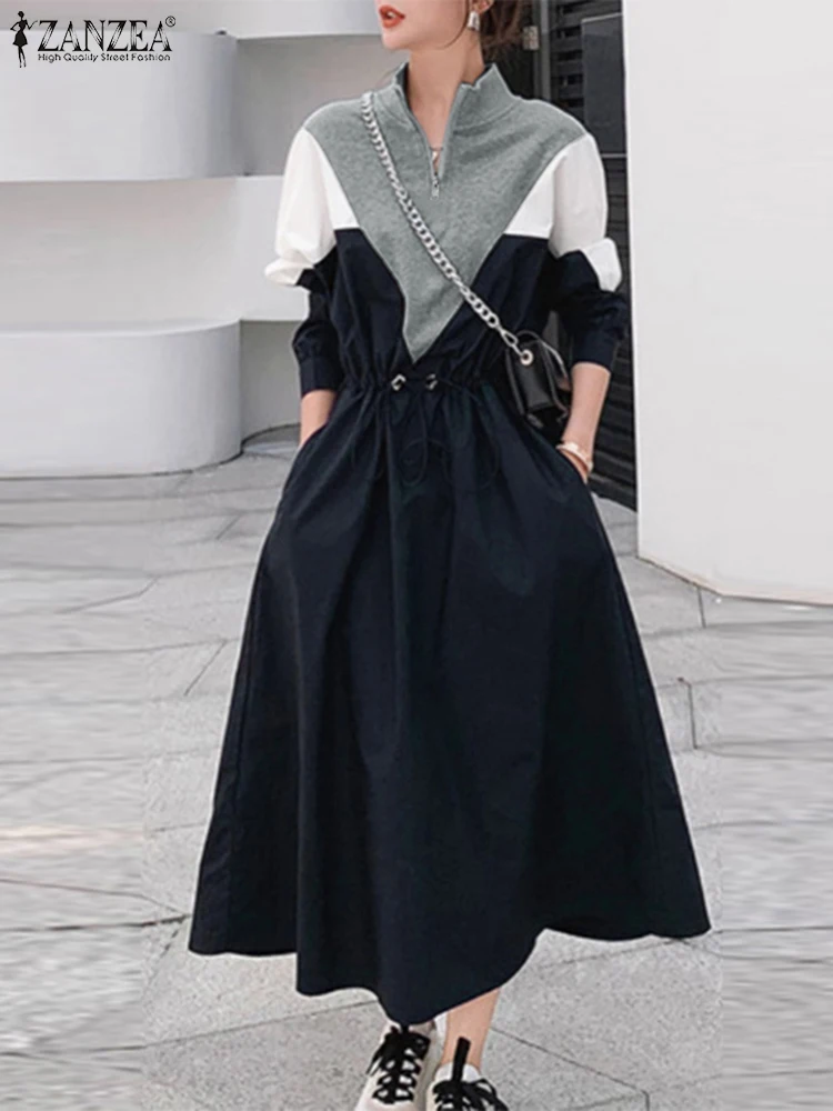 

ZANZEA женские халаты с завязками на талии, повседневное свободное платье миди с цветными блоками, модное корейское платье-стойка, праздничный халат на молнии