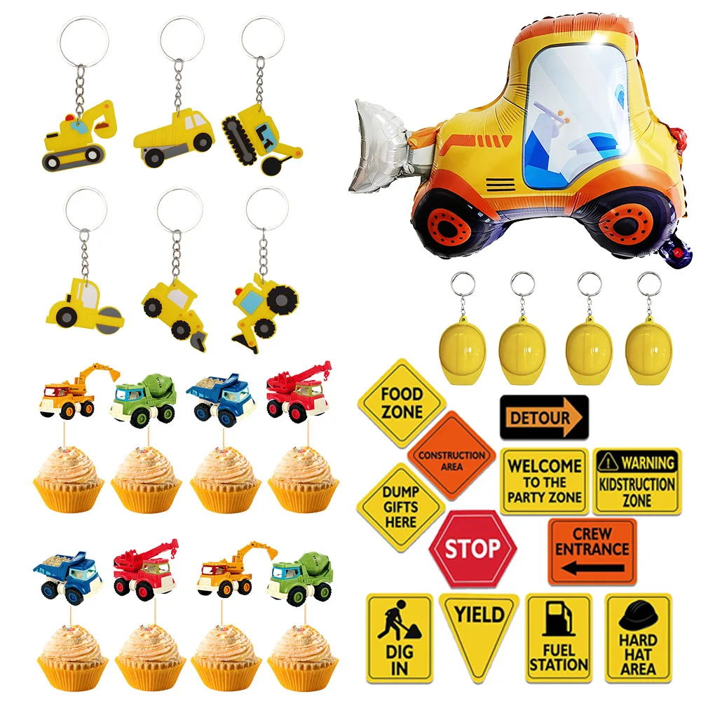 Favores de fiesta de construcción, pajitas para beber de camiones, excavadora, Bulldozer, llaveros para decoraciones de fiesta de cumpleaños temáticas de camiones