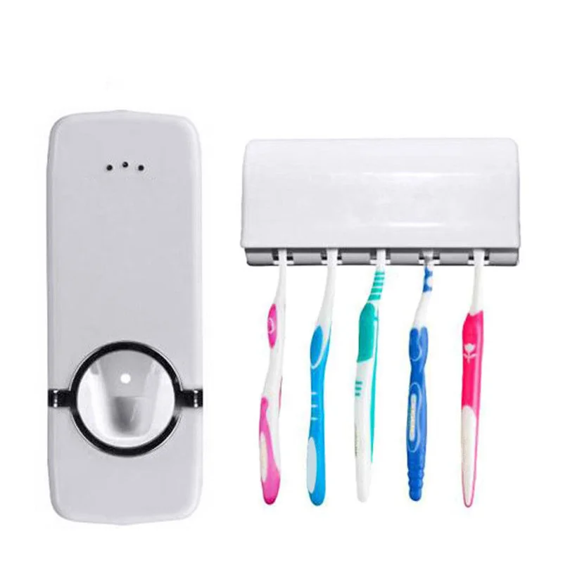 Automatic Toothpaste Dispenser 5 Toothbrush Holder Set Wall Mount Stand Bathroom