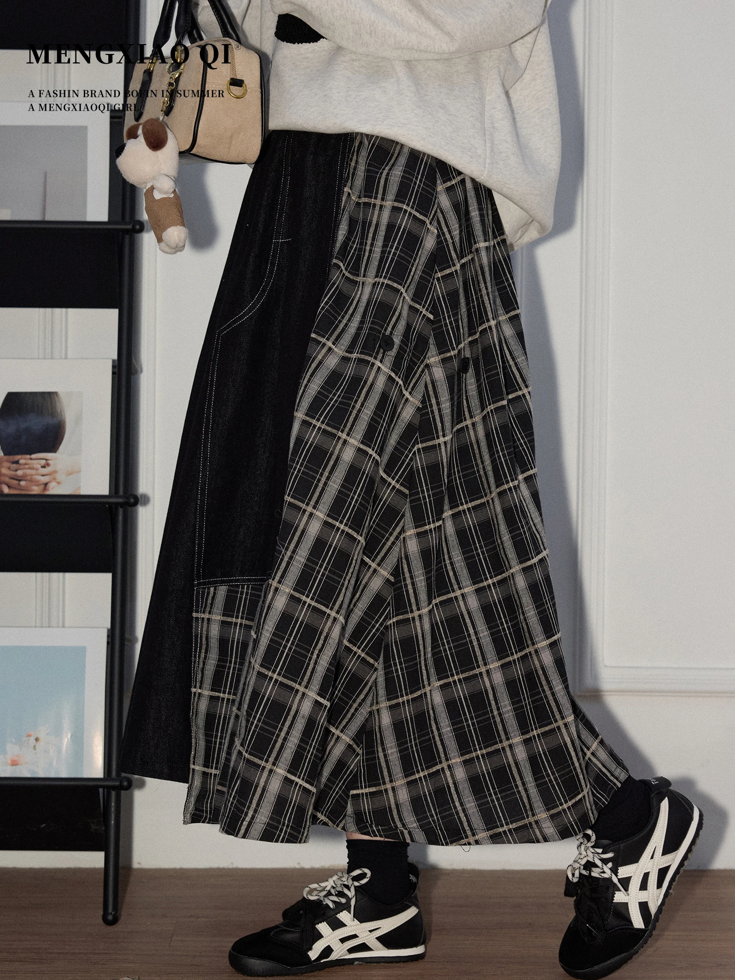 

Винтажная длинная юбка Meng Xiaoqi в клетку с эффектом пэчворк, свободного кроя, для женщин, весенняя коллекция, модный дизайн