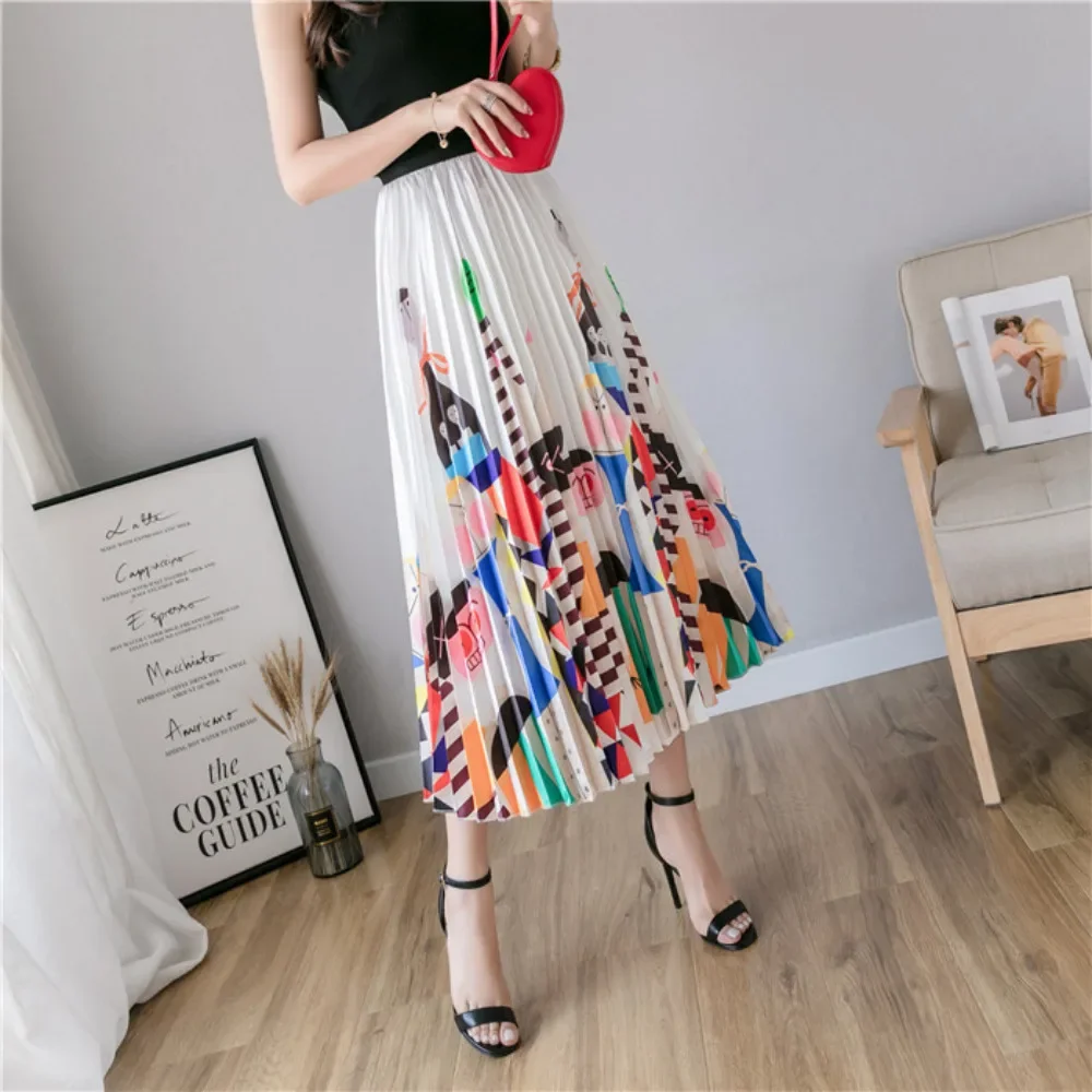 

Nighpha Women's Skirts Elastic High Waist Cartoon Pleated Midi Skirt Large Swing A-line Skirt Women Clothes