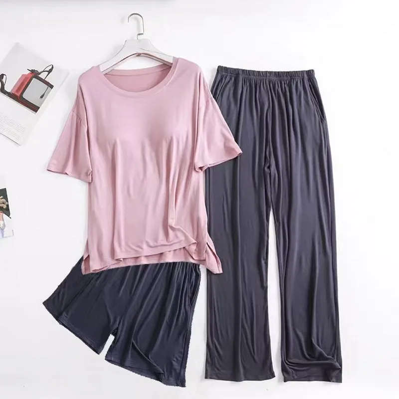 

Women Built-in Bra Pajama Set 3pcs Modal Set Short Sleeve Top with Shorts and Pants Cool Lightweight Loungewear Wearable Outdoor