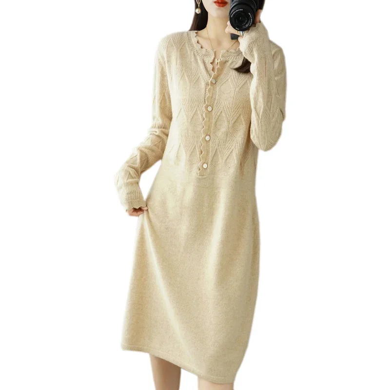 Imagem -06 - Venda Quente 100 Merino lã Camisola de Malha Vestido para as Mulheres Inverno Outono o Pescoço Vestidos Femininos Estilo Longo Jumper Roupas da Menina