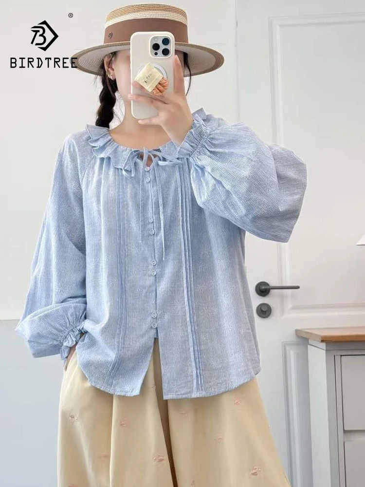 

Новая женская хлопковая блузка с длинным рукавом на весну 2026 года, с оборками, шнуровкой, складками и пэчворком, в стиле Mori Girl (Япония), свободного кроя, T61349CC