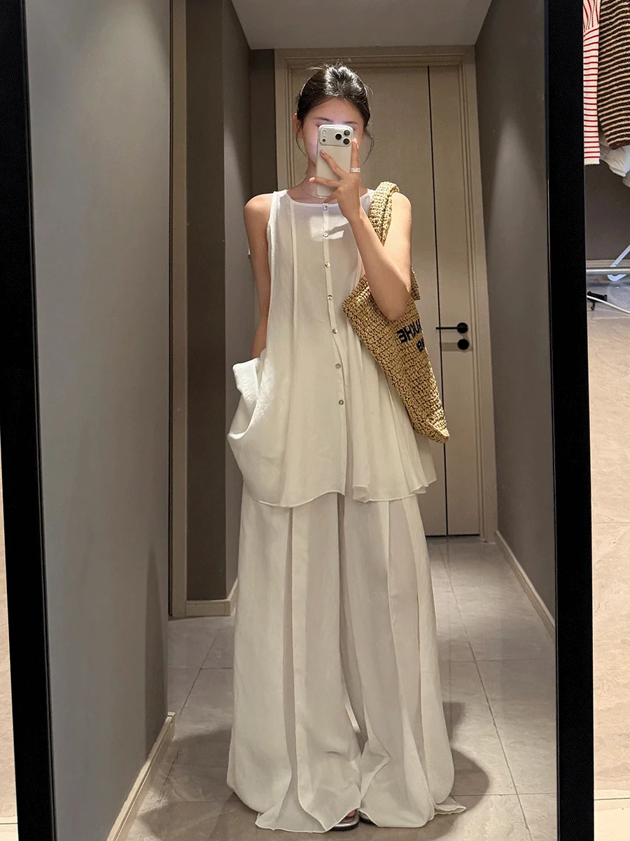

LYHOOC Women's Spring 2026 High Waist Long Pants Vest Set Two-Piece Suite Korean Style Drapey Elegant Fashionable