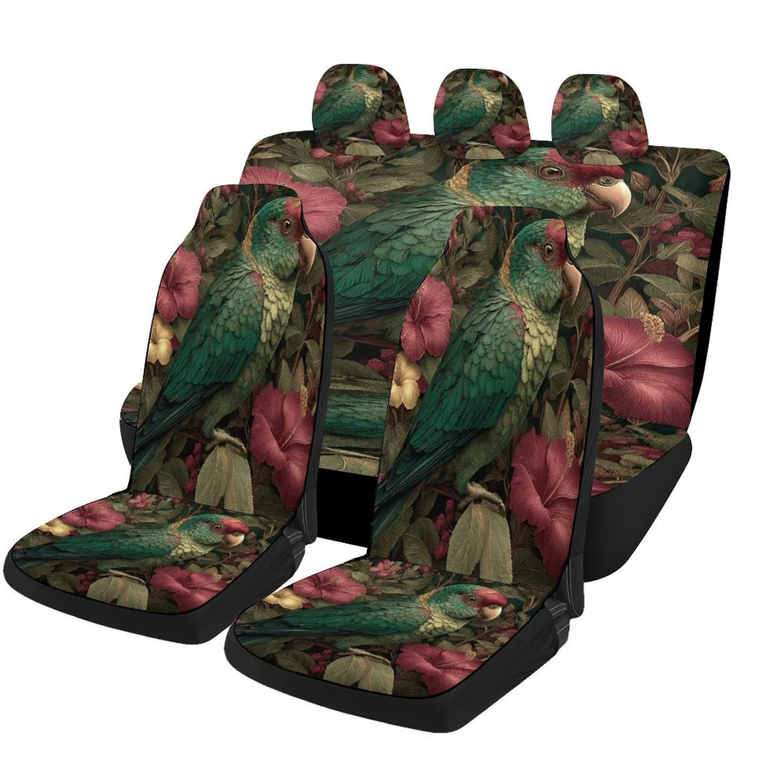 Tropical Parrot & Floral Car Seat Cover Set - Vibrant Green, Pink, And Yellow Design, Universal Fit For Most Vehicles, Machine W