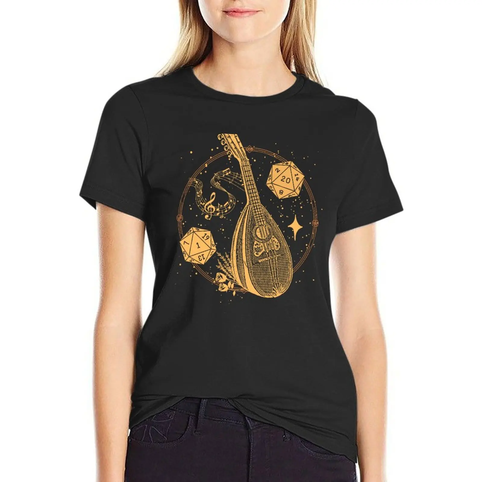 DND BARD: Music instrument, D20 dice and tarot card version. T-Shirt summer clothes plain t-shirt dress for Women sexy