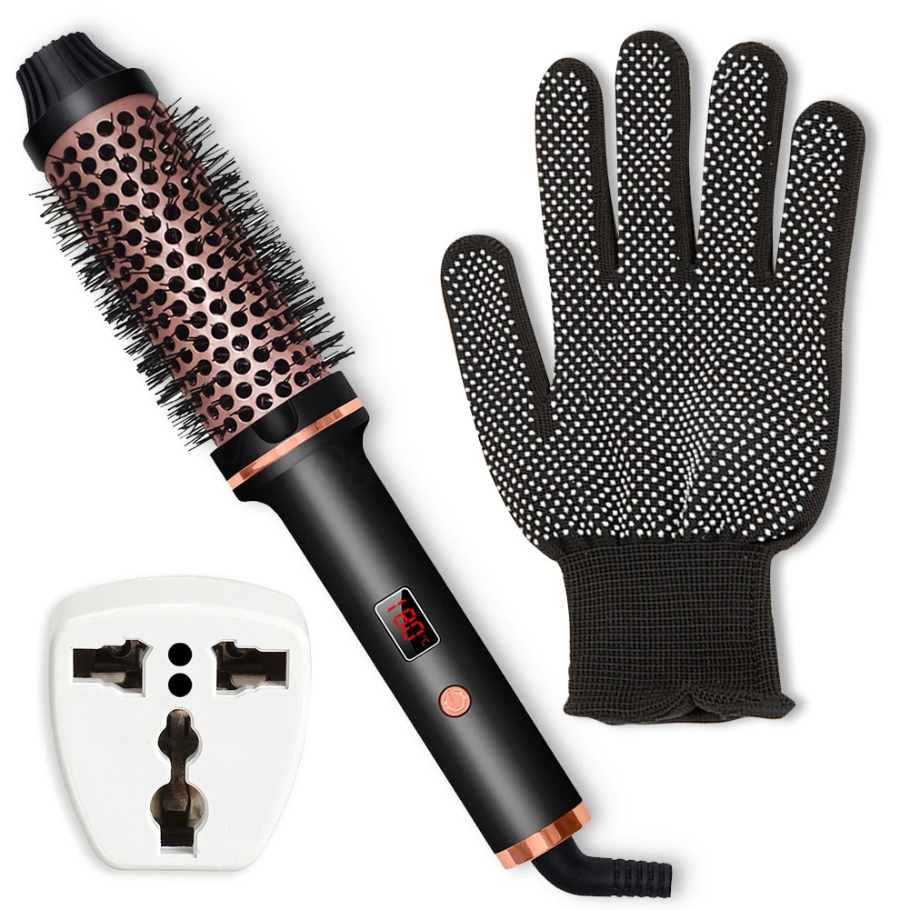 Curling Iron Brush with Power Adapter Heat Resistant Gloves Ceramic Tourmaline Curling Comb for All Hair Types